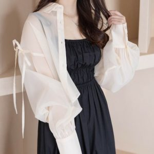 clear ブラウス シャツ リボン付きショート丈シアーシャツ「大人 ガーリー リボン 冷房対策」「SS新作」 レディース