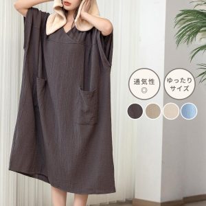 湯上りワンピース ガーゼ ワンピース ルームウェア レディース パジャマ ゆったり リラックス Vネック ドルマンスリーブ ポケット 夏